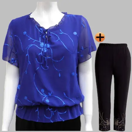 A two-piece set of a middle-aged chiffon shirt for women, featuring a top and pants, short-sleeved mom's summer outfit, and a short-sleeved T-shirt A two-piece set of a middle-aged chiffon shirt for women, featuring a top and pants, short-sleeved mom's summer outfit, and a short-sleeved T-shirt